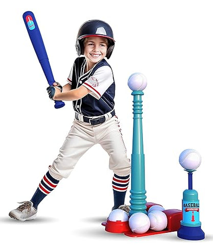T Ball Stand for Kids and Toddlers 1-3, 3-5, 5-8. Baseball Set Includes 6 Large Balls, an Adjustable Tball Batting Tee, and a Pitching Machine. Kids Bat and Ball, T-Ball Sets for Kids - style: BLUE T BALL