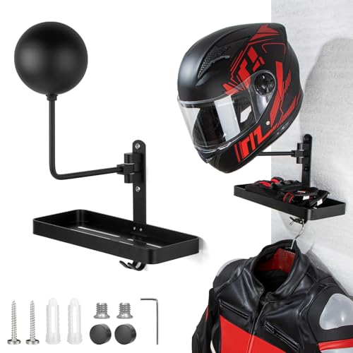 PUERSI Helmet Holder Wall Mount with Shlef, 180° Rotation Helmet Storage Rack for Motorcycle Bike Racing Outerwear Sports Gear Display Motorcycle Accessories - 1 Pack - style: 1 Pack with Shelf