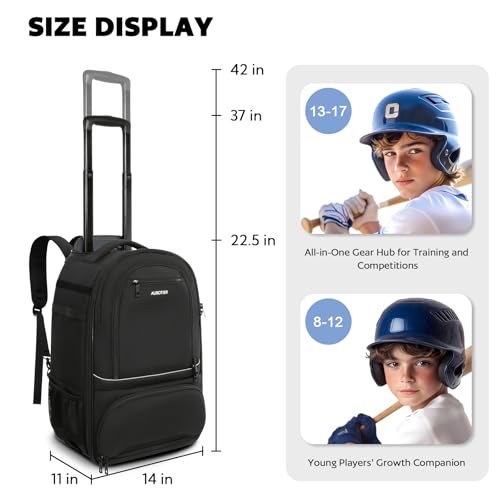 AUROTIER Rolling Baseball Backpack with Off-road Wheels, Wheeled Catchers Gear Bag for Baseball Equipment, 4 Bats, Large Softball Bag for TBall, Helmet & Accessories with Fence Hook - color: Black