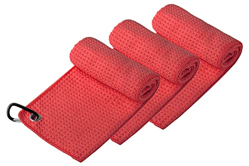 Handy Picks Microfiber Golf Towel (16" X 16") with Carabiner Clip, Waffle Pattern Golf Towel Hook and Loop Fastener - The Convenient Golf Cleaning Towel - color: Red