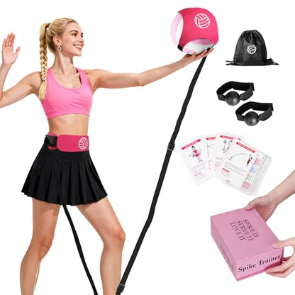 Volleyball Training Equipment (No Ball Included): 6-Piece Pink Solo Volleyball Trainer Set with Training Cards for Serving, Spiking, Setting & Hitting – Gift for Teen Girls and Beginner Player