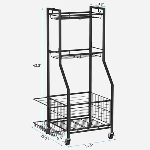 Sports Equipment & Toy Storage Rack with Wheels, 3-Tier Ball Organizer for Balls, Rackets & Sports Gear, Large Capacity with Racket Slots & Hooks, for Garage, Home Gym or Backyard – 17" W