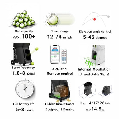 PUSUN｜PT-MAX C Flagship Tennis Ball Machine:App Control,12 Drills, Internal Oscillation,87 MPH,6-Level Spin,28-Spot,6-8H Battery, 39.6 lbs Portable, for Tennis/Padel,Training, Practice,Beginners,Pros