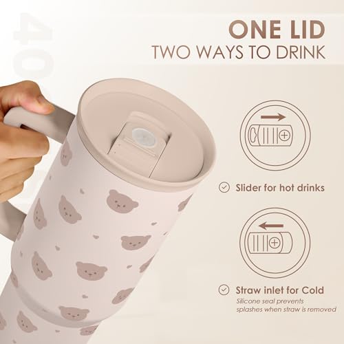 SANDJEST Bear Tumbler with Handle, Insulated Cup Stainless Steel Travel Mug Cup, Gifts for Women Girl, 40oz - color: Bear