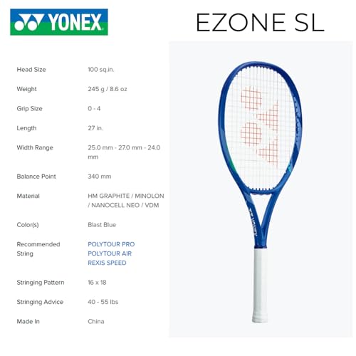 YONEX EZONE SL Blast Blue Tennis Racquet - Superlightweight Recreational Pre-Strung All-Graphite Racket for Junior Players, Grip: 1 - size: Grip Size - 1