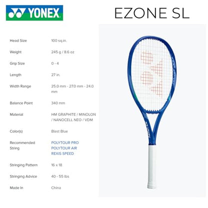 YONEX EZONE SL Blast Blue Tennis Racquet - Superlightweight Recreational Pre-Strung All-Graphite Racket for Junior Players, Grip: 1 - size: Grip Size - 1