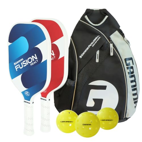 Gamma USAPA Approved Fiberglass Pickleball Paddle Set with 2 Paddles, 3 Outdoor Balls, & Sling Bag, Fusion React Pickleball Bundle, Red/Blue, Pickle-Ball Equipment - style: Fusion React Red and Blue