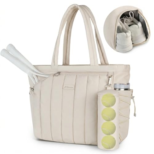 Quilted Tennis Tote Bag for Women Gym Duffle Bag with Shoe Compartment & Wet Pocket Fits 2-4 Rackets and 15.6" Laptop Overnight Weekend Sports Bag with Fence Hook(Large size) - color: Beige