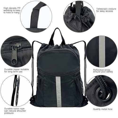 Drawstring Backpack with Shoes Compartment Waterproof Large String Cinch Beach Pool Bag for Swim Sports Gym(Black) - color: Black