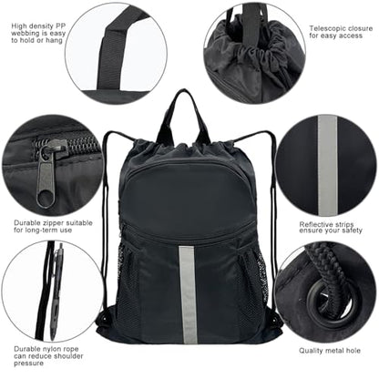 Drawstring Backpack with Shoes Compartment Waterproof Large String Cinch Beach Pool Bag for Swim Sports Gym(Black) - color: Black