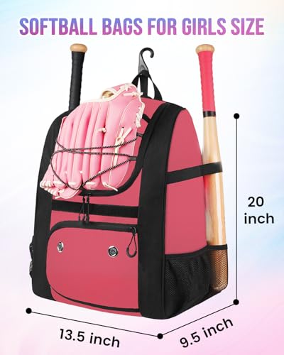 MATEIN Softball Bag, Lightweight Baseball Backpack with Shoe Compartment, Baseball Bag with Fence Hook for TBall Bat & Equipment, Softball Gifts Catchers Backpack for Women Fit Catcher’s Mitt, Helmet - color: Pink Black