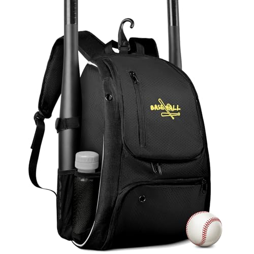Youth Baseball Bag, Lightweight Softball Bag with Shoes Compartment, Baseball Backpack with Fence Hook for TBall Bat & Equipment - color: Black
