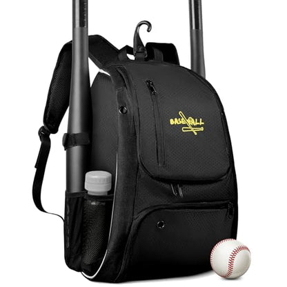 Youth Baseball Bag, Lightweight Softball Bag with Shoes Compartment, Baseball Backpack with Fence Hook for TBall Bat & Equipment - color: Black