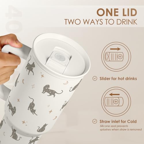 Gift for Cat Lovers Cat Mom – 40oz Stainless Steel Tumbler with Handle and Straw - Travel Coffee Mug for Women, Gift for Birthday, Christmas - color: Cat