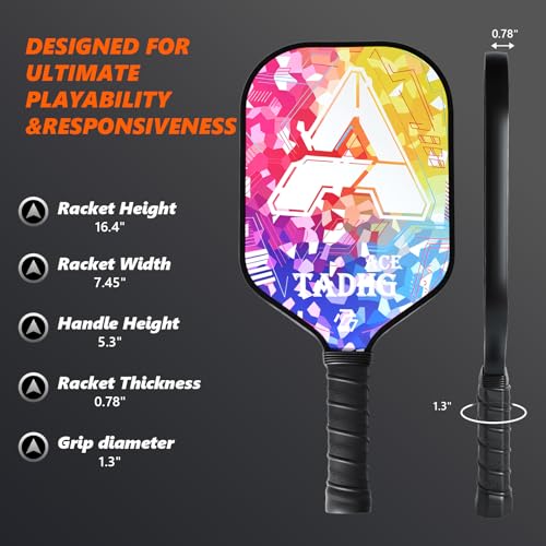 TADHG Pickleball Paddle Set 2 Lightweight 8.4oz Paddles with Honeycomb Core Spin-Friendly Surface 4 Balls - color: 04.Rainbow