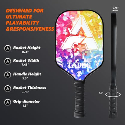 TADHG Pickleball Paddle Set 2 Lightweight 8.4oz Paddles with Honeycomb Core Spin-Friendly Surface 4 Balls - color: 04.Rainbow