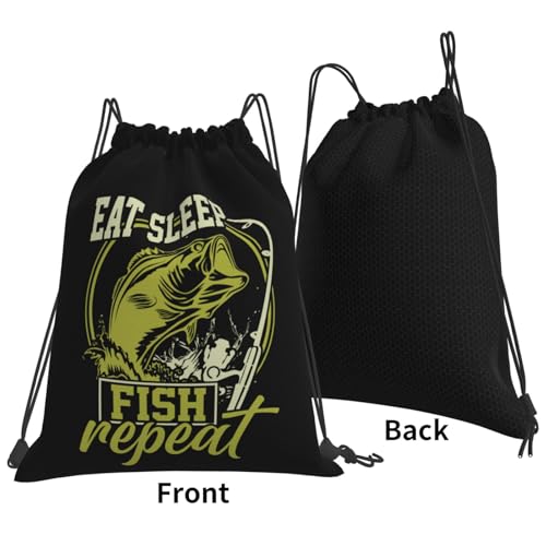 Eat Sleep Fish Repeat Unisex Drawstring Backpack Bag Sport Gym Travel Swim Sackpack - color: Eat Sleep Fish Repeat