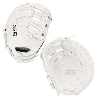 SSK FP5 Fastpitch Softball First Base Mitt 12.5” – 13” Right & Left Hand Throw Premium Full Leather Softball Glove - color: White/Black, size: 13" - Right Hand Throw