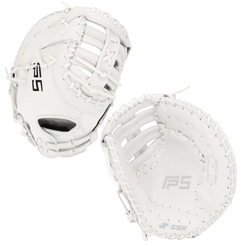 SSK FP5 Fastpitch Softball First Base Mitt 12.5” – 13” Right & Left Hand Throw Premium Full Leather Softball Glove - color: White/Black, size: 13" - Right Hand Throw