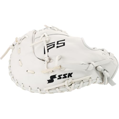 SSK FP5 Fastpitch Softball First Base Mitt 12.5” – 13” Right & Left Hand Throw Premium Full Leather Softball Glove - color: White/Black, size: 13" - Left Hand Throw