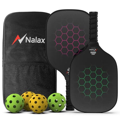 Pickleball Paddles, Nalax Fiberglass Pickleball Paddles Set of 2, USAPA Approved Graphite 16mm Power Polymer Core Pickle Ball Paddle with 4 Pickleball Balls and 1 Bag for Men Women
