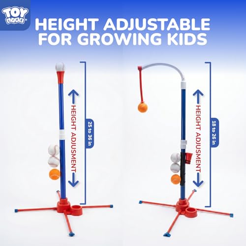 TOY Life 3-in-1 tBall Set for Kids 3-5, Adjustable Toddler T Ball Training Set with Bat, Toddler Baseball Set Semi-Automatic Launcher, Hanging Tee, Soft & Dog Play Balls, Fun Sports Set for Ages 3+