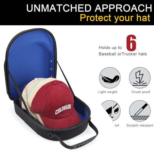 GERMUN Hard baseball hat case, Hat Carrier Travel Case with Adjustable Shoulder Strap, Hat cap case for 6 Baseball Caps - Perfect for Traveling & At-Home Storage (Black with Blue) - color: Black with Blue