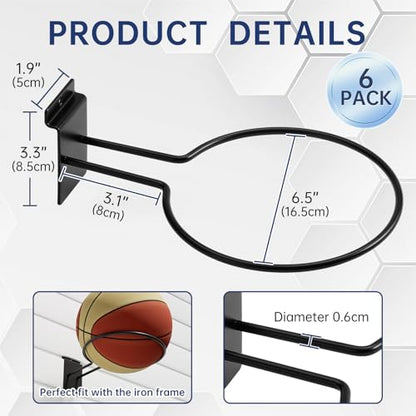 6 Pack Slatwall Ball Holder, Slatwall Accessory for Sports Ball Storage, Steel Ball Rack for Basketball, Football, Soccer, Volleyball