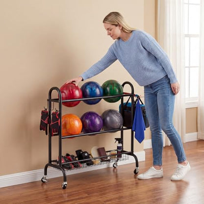 Sosation Bowling Ball Rack with Wheels 3 Tier Heavy-Duty Rolling Bowling Ball Storage Stand with Basket for Sports Equipment Accessories, Home, Gym (Holds 6 Balls)