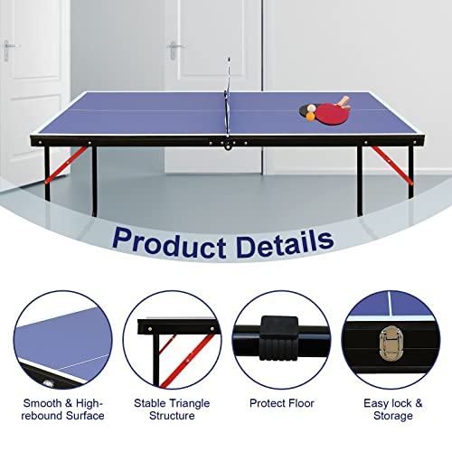 4/6/8/9 ft Professional Table Tennis Table Ping-Pong Tables Set Foldable & Portable Tables with Removable Net 2 Table Tennis Paddles and 3 Balls Easy Assembly - color: Blue, size: 4 Ft