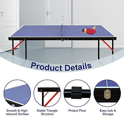 4/6/8/9 ft Professional Table Tennis Table Ping-Pong Tables Set Foldable & Portable Tables with Removable Net 2 Table Tennis Paddles and 3 Balls Easy Assembly - color: Blue, size: 4 Ft