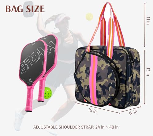 Pickleball Sports Tote Bag with Racket Holder, Neoprene, Adjustable Shoulder Strap - color: Green Camouflage