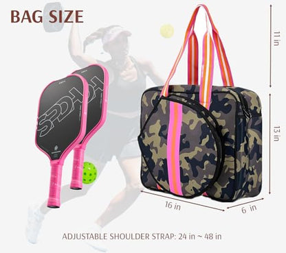 Pickleball Sports Tote Bag with Racket Holder, Neoprene, Adjustable Shoulder Strap - color: Green Camouflage
