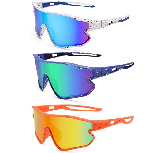 Kids Baseball Sunglasses - Youth Baseball Sunglasses for Boys Girls - Sports Softball Shades Age 6-14 - color: A0 White/Blue Mirror + Blue/Green Mirror + Orange/Red Mirror