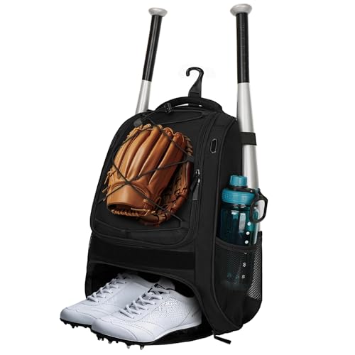 LARIPOP Youth Baseball Bag, Bat Backpack with Fence Hook & Separate Shoe Compartment, Waterproof Equipment Bag for Baseball, T-Ball & Softball - color: Black