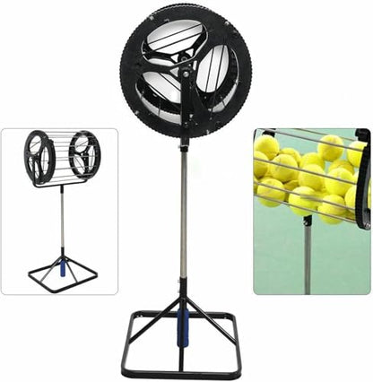 Tennis Ball Picker, 2 in 1 Tennis Rolling Collector Basket with 80 Balls Capacity, Automatic Ball Hopper with Adjustable Height, Funnel Grabber with Handle, for School, Gym, Club~/