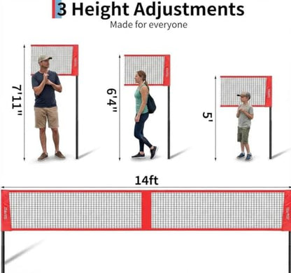 4 Square Volleyball Net Set with 3 Adjustable Heights, 14FT Cross PE System, Use in Backyard or Beach, Includes Ball, Pump, Carry Bag, Hammer, Outdoor Team Games, Black/Red