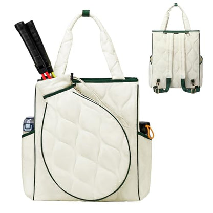 2-in-1 Tennis Tote Bag & Tennis Racket Backpack – Extra-Large Quilted Pickleball Racquet Bags, Water-Resistant & Lightweight for Men & Women - color: White