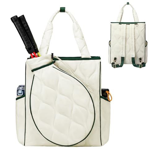 2-in-1 Tennis Tote Bag & Tennis Racket Backpack – Extra-Large Quilted Pickleball Racquet Bags, Water-Resistant & Lightweight for Men & Women - color: White