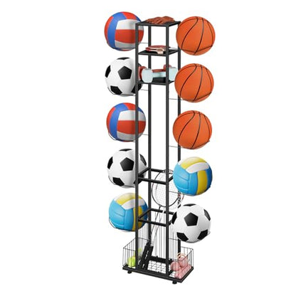 BTY Sports Equipment Organizer Ball Storage Rack Freestanding Basketball Holder Vertical Garage Ball Storage Display Stand for Volleyball Football Badminton Black