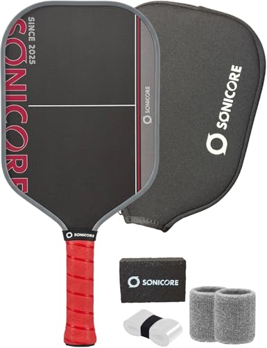 Pickleball Paddle Set, T700 Carbon Fiber, 16mm Core for Control & Spin, Includes 1 Paddle, Paddle Sleeve Cover, 2 Wristbands & 1 Grip Tape | Sonicore CourtVibe - color: Turbo Red