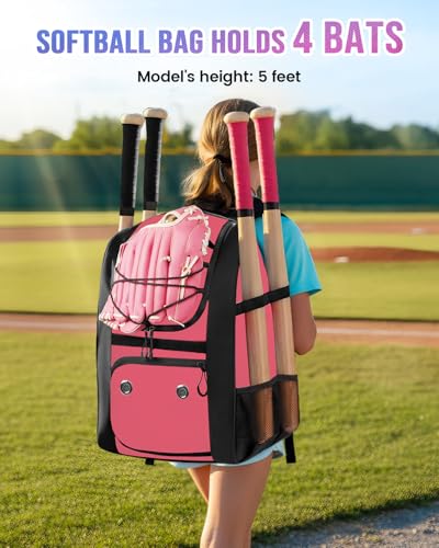 MATEIN Softball Bag, Lightweight Baseball Backpack with Shoe Compartment, Baseball Bag with Fence Hook for TBall Bat & Equipment, Softball Gifts Catchers Backpack for Women Fit Catcher’s Mitt, Helmet - color: Pink Black - Large