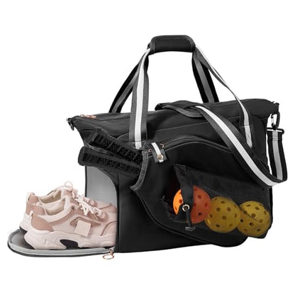 Pickleball Bag for Women Men,Pickleball Tote Bag with Shoe Compartment - color: Black