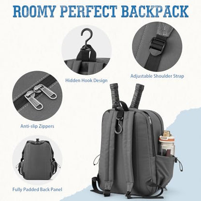 G4Free Pickleball Bag, Pickleball Backpack Fits 2 Paddles with Shoes Compartment and Fence Hook for Men and Women - color: Grey