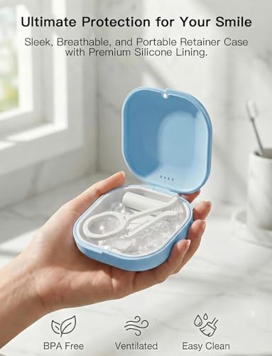 HEMILAB Slim Aligner Case with Vent Holes, Compatible with Invisalign, Cute Case with Removal Tool, Chewies and Brush, Blue/White - color: Sky - Blue