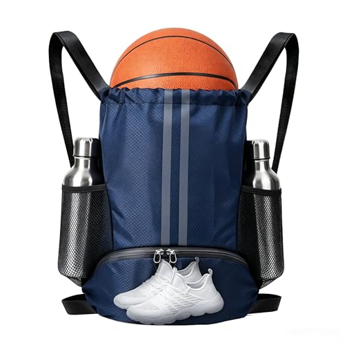 Navy Blue Sports Drawstring Backpack with Shoes Compartment, String Gym Bag with Wet Proof Pocket for Basketball, Soccer, Swim, Sport Bag for Men and Women - color: Navy Blue
