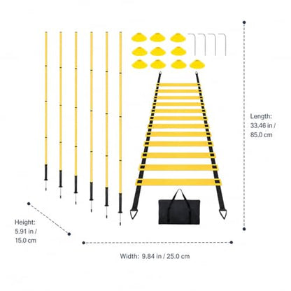PVC Agility Ladder, 6m Speed and Agility Kit, 10 Training Cones & 6 Marker Poles, Sports Training Set with Carry Bag for Football
