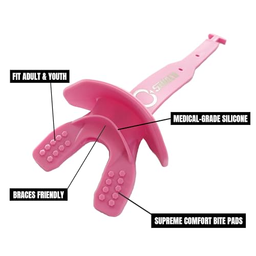 O Shield Striker Football Mouth Guard with Connected Strap, No Boil Brace Friendly Lip Guard for Tackle Football, Youth and Adult - color: Pink
