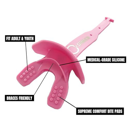 O Shield Striker Football Mouth Guard with Connected Strap, No Boil Brace Friendly Lip Guard for Tackle Football, Youth and Adult - color: Pink