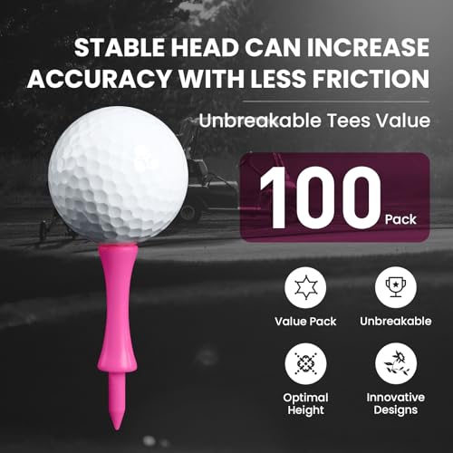 Amy Sport Golf Castle Tees Plastic Consistent Height 2 1/4 Inch Value 100 Pack, Unbreakable Step Down Reusable Tee for Par 3 Holes Practice in Orange Pink Purple - color: Pink